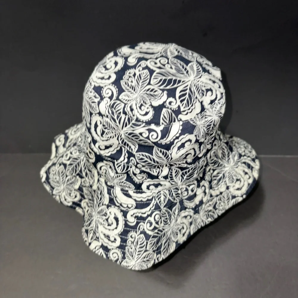 Navy Blue White Paisley Floral Cotton Bucket Hat Wide Brim Sun Hat RN 17730